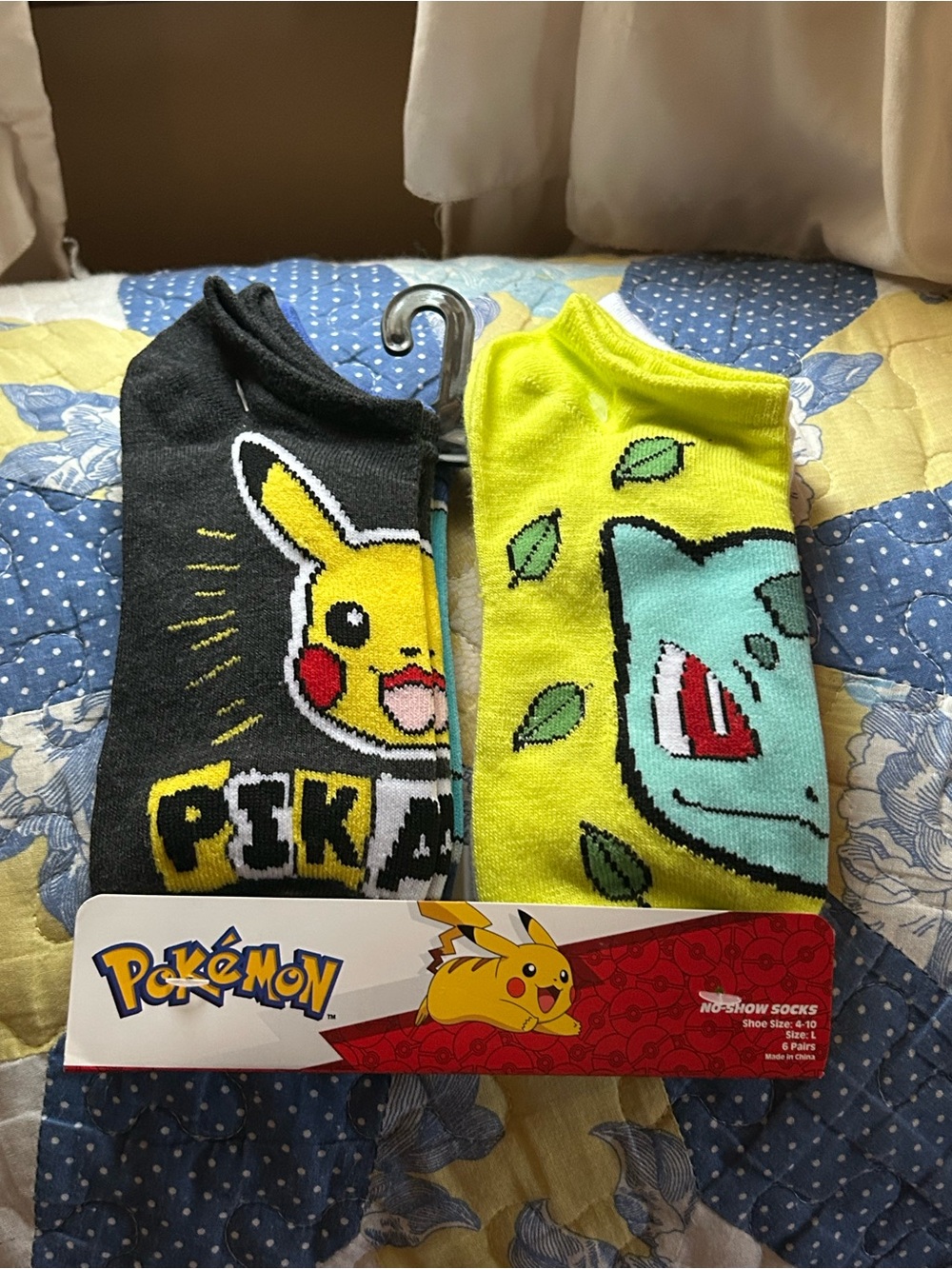 No-Show Socks Set with Pikachu & Bulbasaur - Yellow & Black size 4-10 L